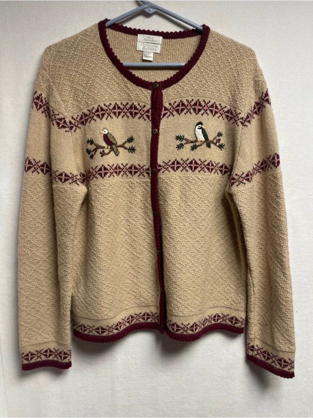 Vintage Christopher‎ & Banks embroidered Wool tan sweater button up Women Large